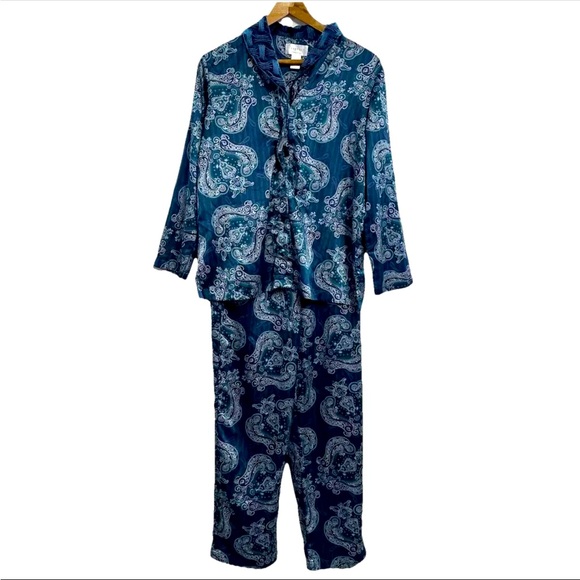 Cabernet Sleepwear Pajama Set Women XS Teal Paisley Floral Polyester Button Up - Picture 1 of 6